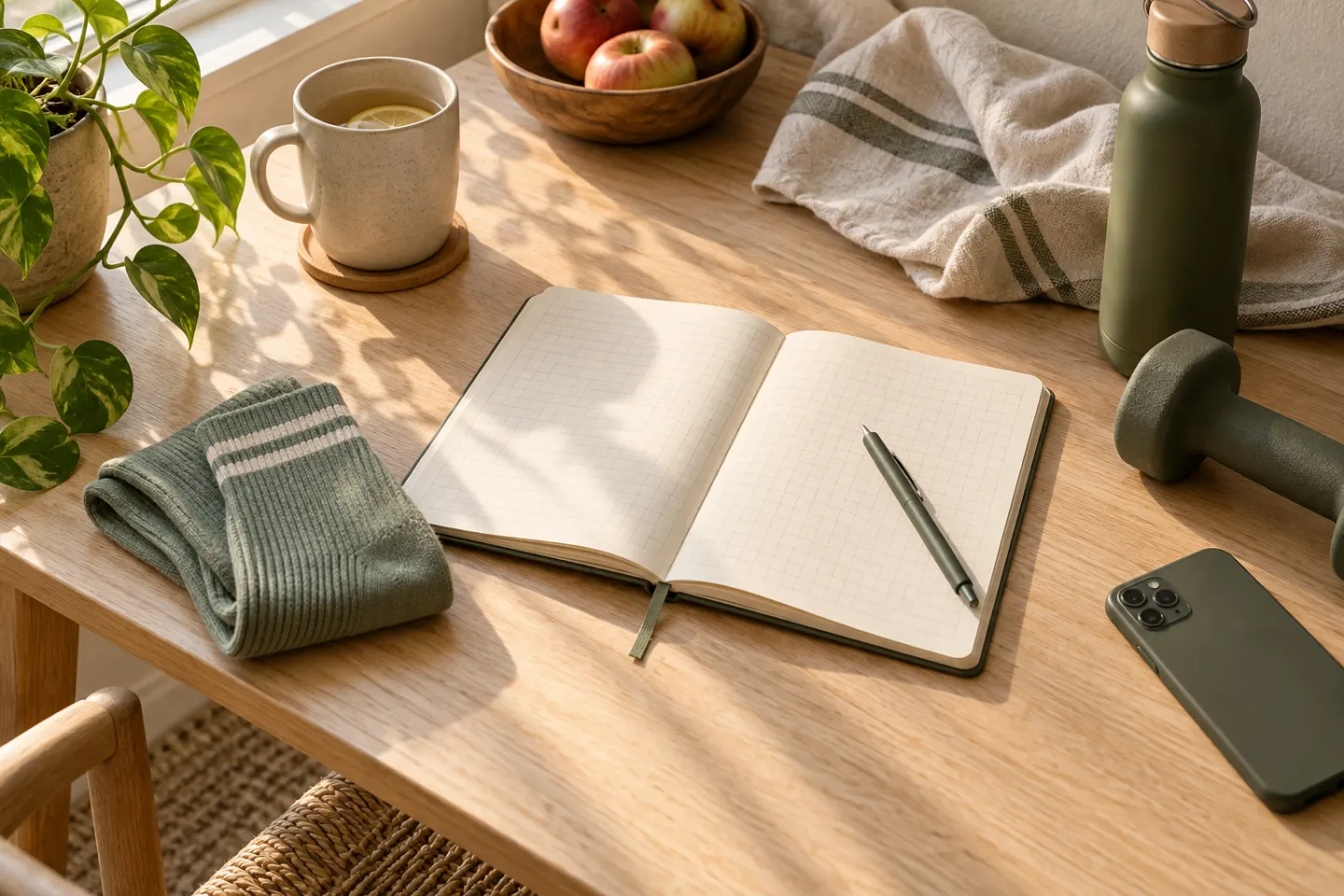 An open workout-planning notebook beside a phone, dumbbell, socks, and water bottle in morning light.
