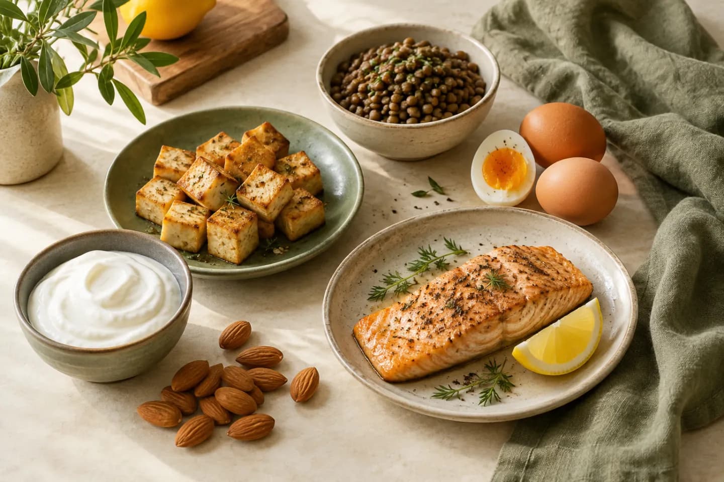Yogurt, eggs, tofu, lentils, almonds, and salmon arranged on a cream table.